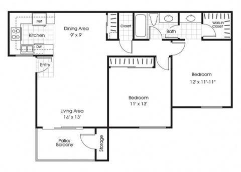 Floor plan for 2 beds, 1 bath, 871 sqft